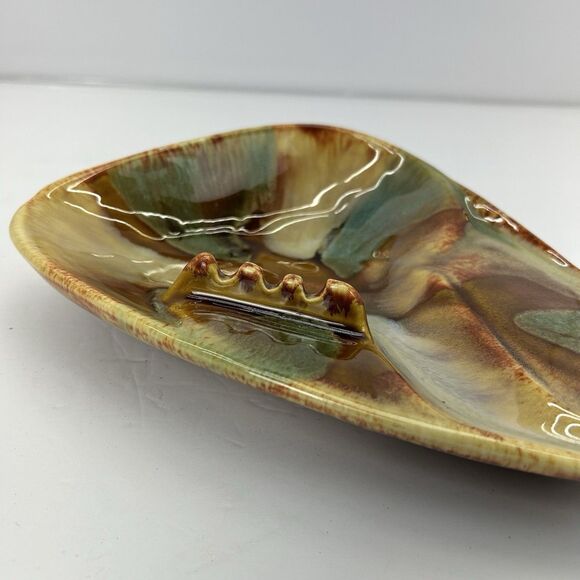 Vintage MCM Dryden Pottery Ozark Frontier Ashtray Brown Blue Drip Glaze 9.5” - Picture 8 of 12